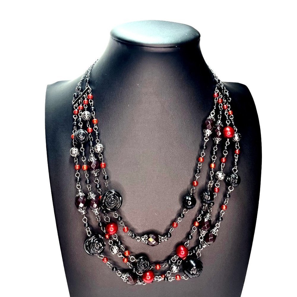 VTG 1980's Black Rose Red Beaded Triple Strand Layered Necklace